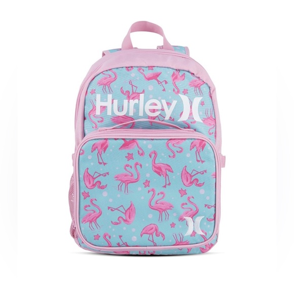 NEW 2 Piece HURLEY Girl /Women School Backpack Lunch Box Pink Tropical Flamingo - Picture 1 of 4